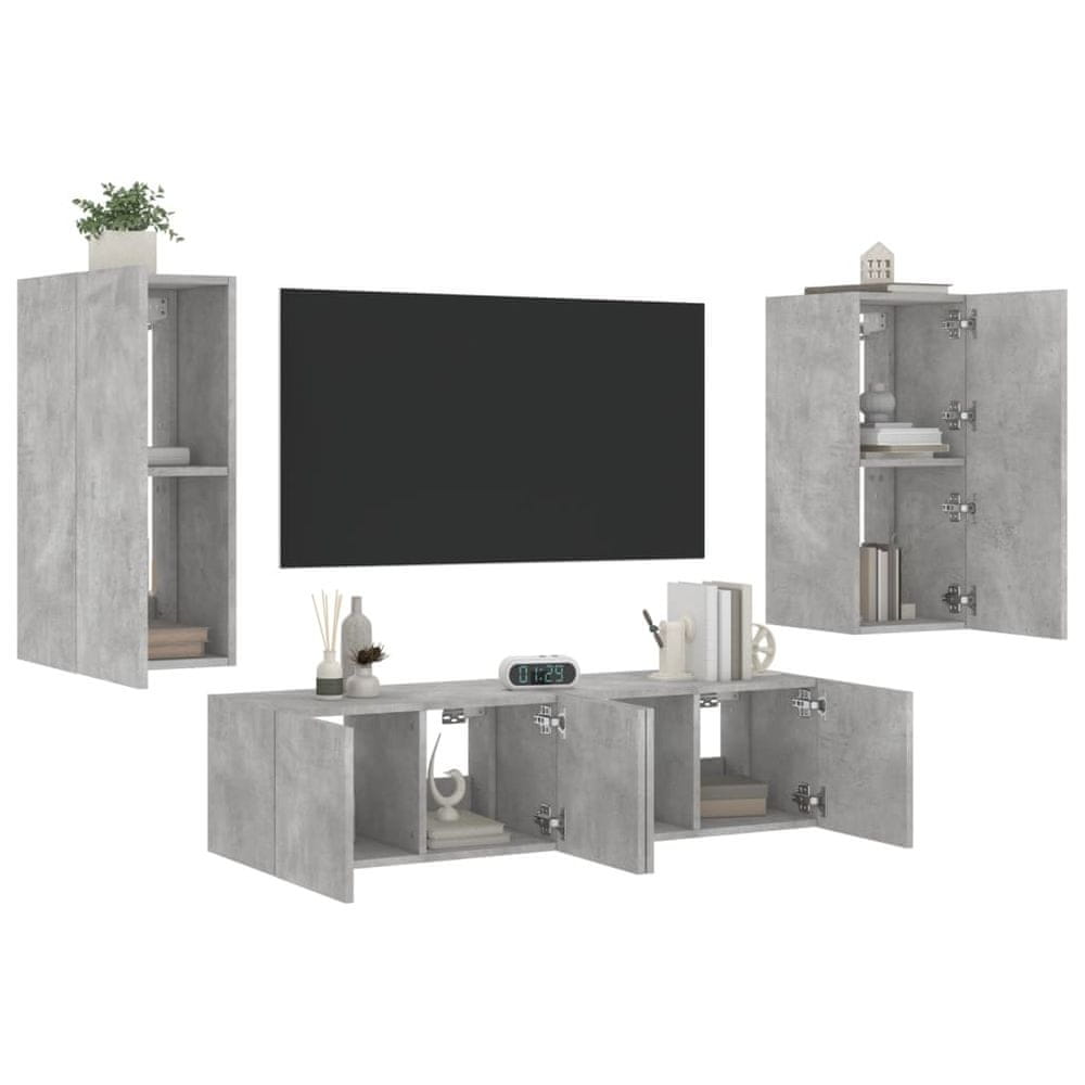 Vidaxl 4-dielne TV nástenné skrinky s LED betónovo sivé kompozit.drevo